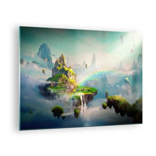 Cuadro sobre vidrio - Impresiones sobre Vidrio - Islas voladoras en las nubes con arcoíris y cascadas. - 70x50cm - El medio de la nada - islas flotantes - Decoración de pared moderna para salón y dormitorio ARTTOR