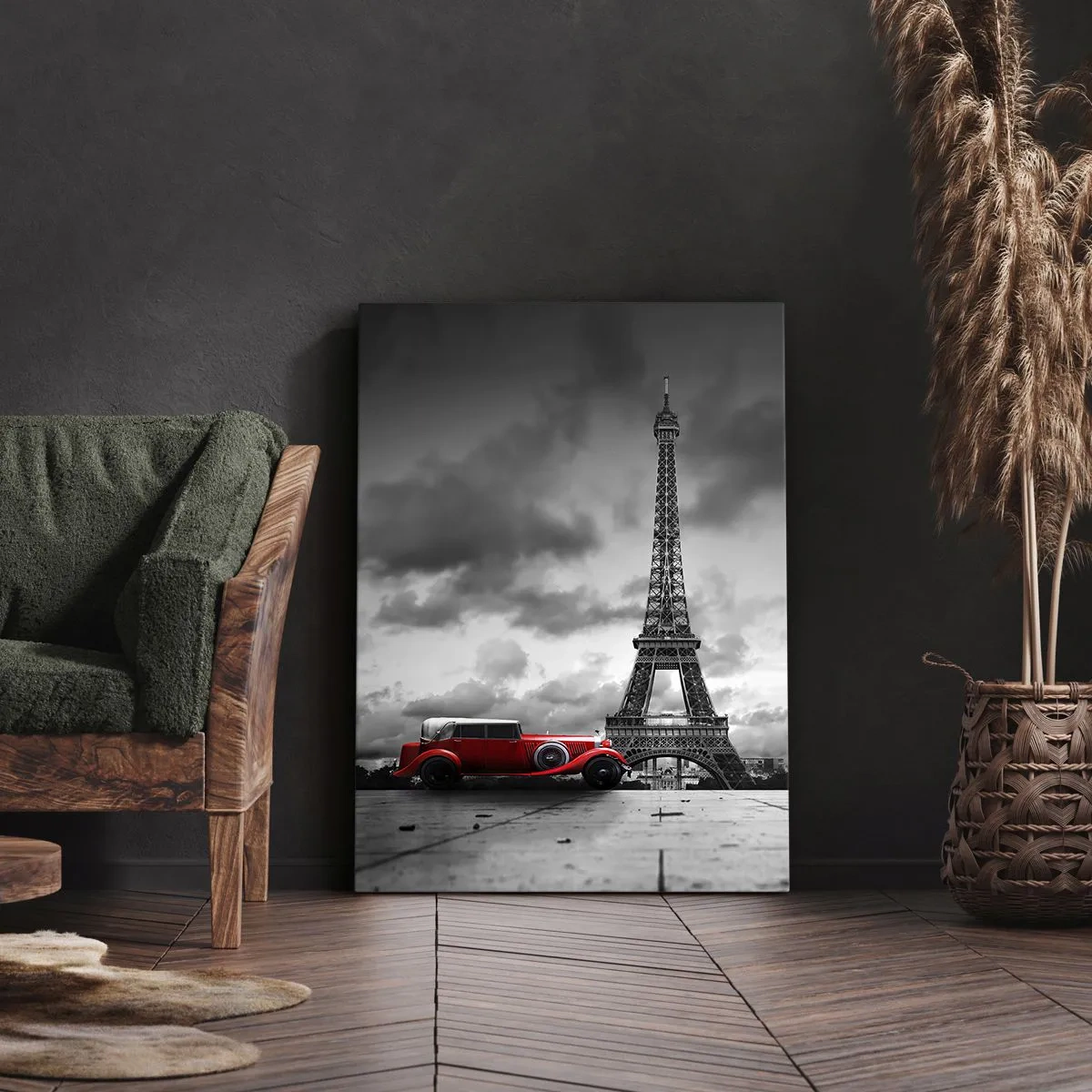 Cuadro sobre lienzo - Impresión de Imagen - Coche retro rojo frente a la Torre Eiffel en blanco y negro - 50x70cm - No hace mucho tiempo, en París - Decoración de pared moderna para salón y dormitorio ARTTOR