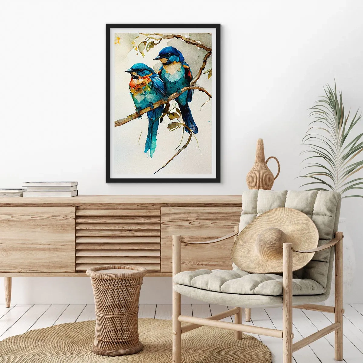 Póster en marco negro - Pájaros de acuarela en una rama en tonos azules y marrones. - 50x70cm - ¿Ofendido? - Decoración de pared moderna para salón y dormitorio ARTTOR