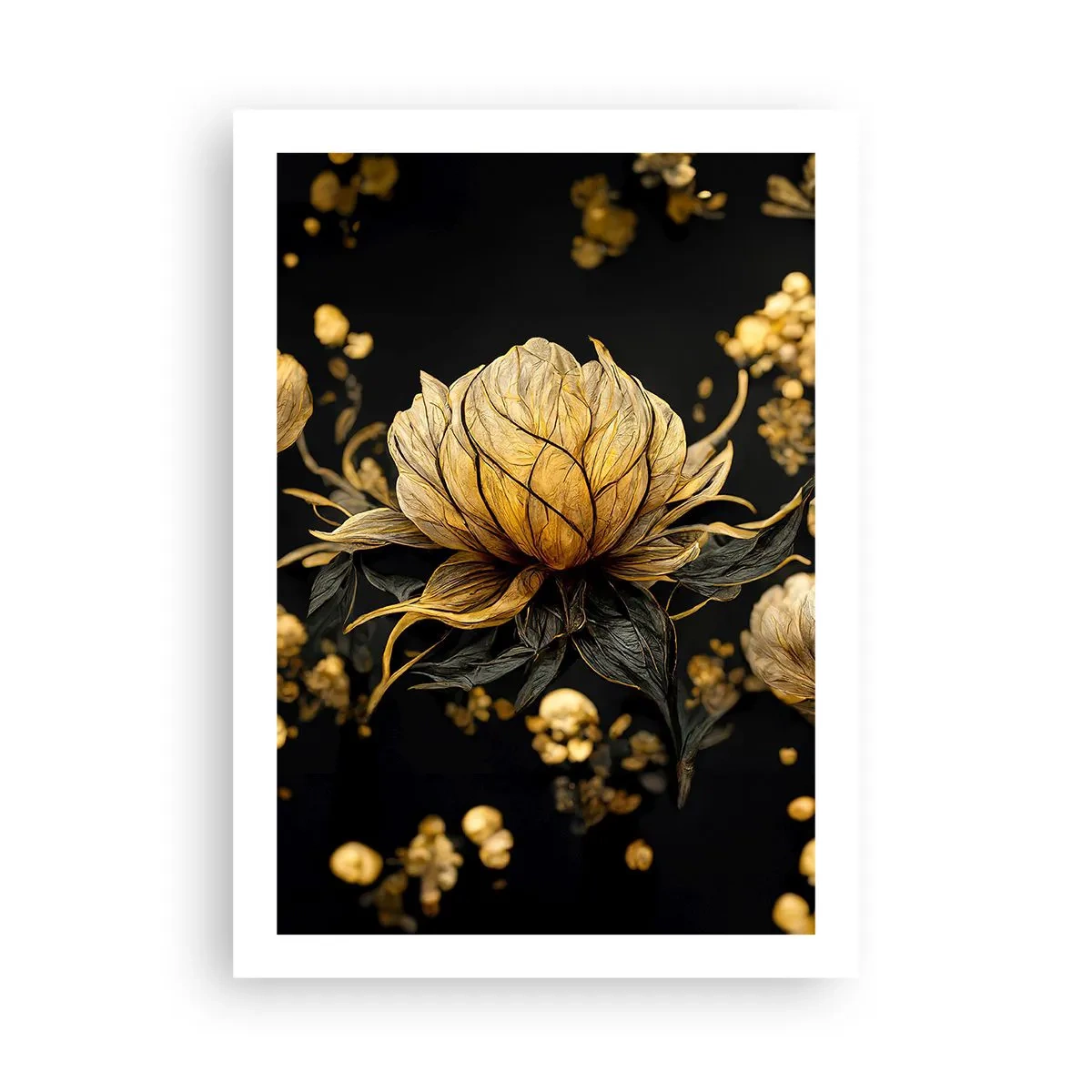 Póster - Una flor dorada sobre un fondo negro en una elegante composición. - 50x70cm - Sutil fragilidad - Decoración de pared moderna para salón y dormitorio ARTTOR