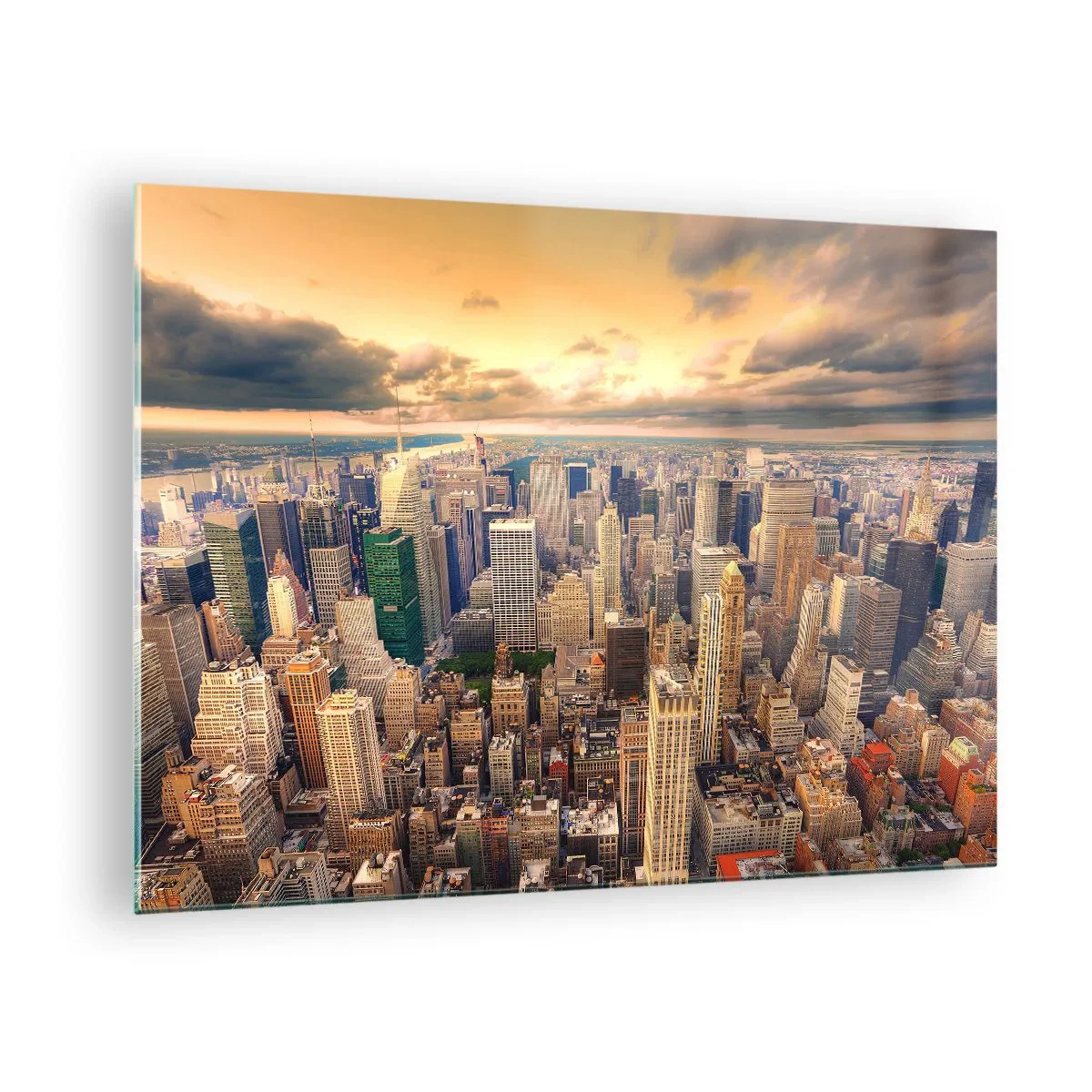 Cuadro sobre vidrio - Impresiones sobre Vidrio - Panorama de la ciudad con rascacielos al atardecer - 70x50cm - Metrópolis dorada - Decoración de pared moderna para salón y dormitorio ARTTOR