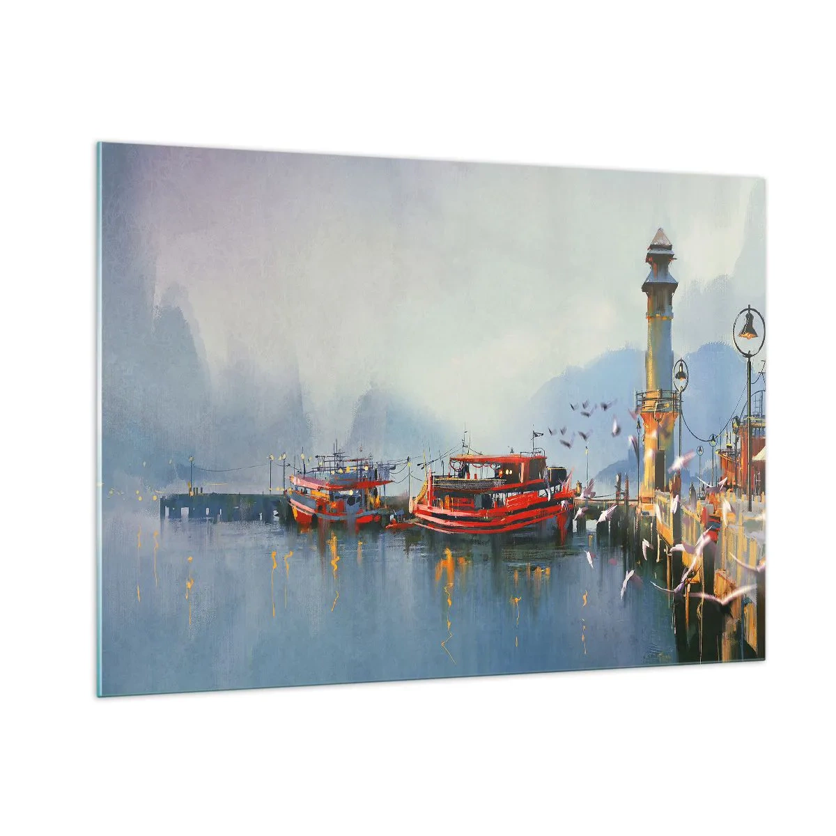 Cuadro sobre vidrio - Impresiones sobre Vidrio - Un puerto con barcos rojos, un faro y pájaros con las montañas como telón de fondo. - 100x70cm - En el fin del mundo - Decoración de pared moderna para salón y dormitorio ARTTOR