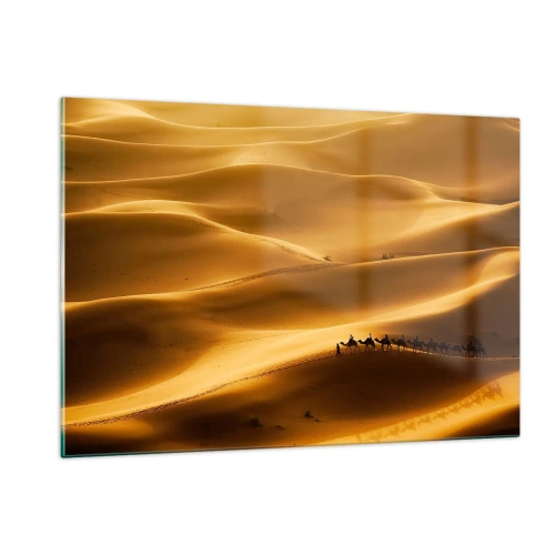 Cuadro sobre vidrio - Impresiones sobre Vidrio - Una caravana en el desierto bajo el sol. - 120x80cm - Caravana sobre las olas del desierto - Decoración de pared moderna para salón y dormitorio ARTTOR