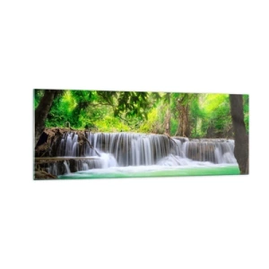 Cuadro sobre vidrio - Impresiones sobre Vidrio - Una cascada verde rodeada de densa vegetación tropical. - 140x50cm - Cascada en verde - Decoración de pared moderna para salón y dormitorio ARTTOR