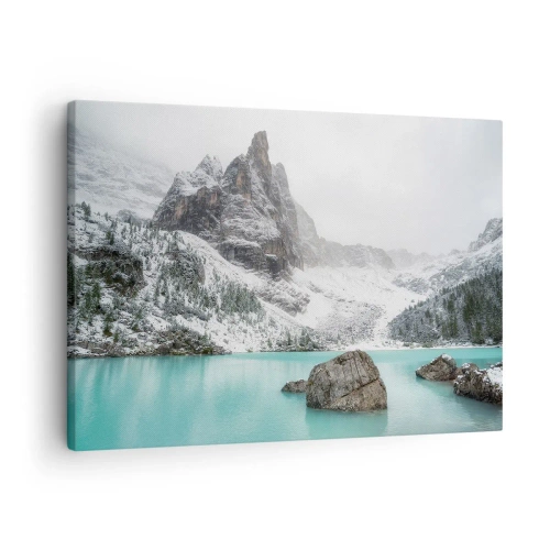 Cuadro sobre lienzo - Impresión de Imagen - Un paisaje de montaña con un lago rodeado de picos nevados. - 70x50cm - En guardia - Decoración de pared moderna para salón y dormitorio ARTTOR
