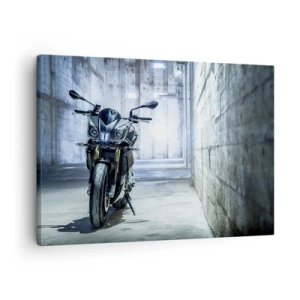 Cuadro sobre lienzo - Impresión de Imagen - Una motocicleta moderna en un interior industrial. - 70x50cm - Antes de que el motor ruja - Decoración de pared moderna para salón y dormitorio ARTTOR
