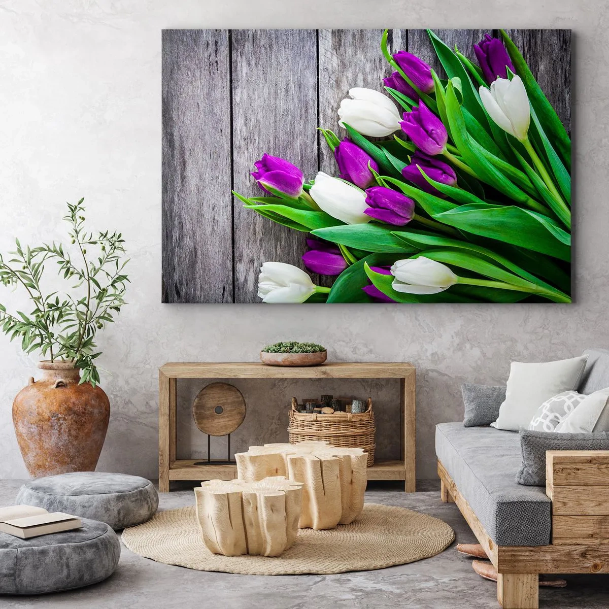 Cuadro sobre lienzo - Impresión de Imagen - Un ramo de tulipanes morados y blancos sobre un fondo de madera. - 120x80cm - El día de la fiesta de la primavera - Decoración de pared moderna para salón y dormitorio ARTTOR
