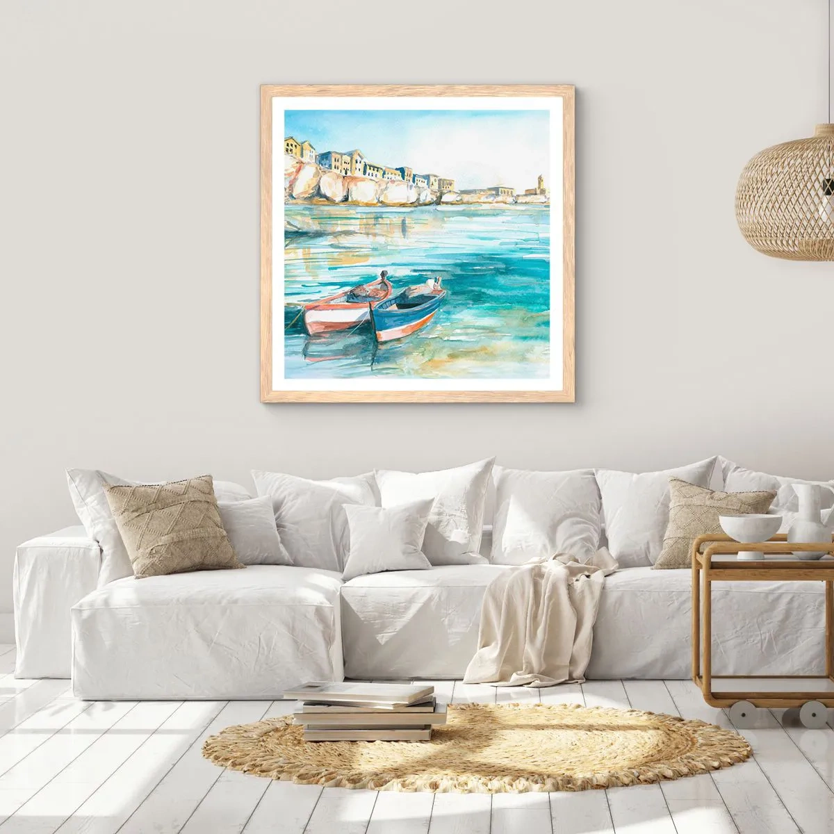 Póster en marco roble claro - Paisaje en azul - 40x40 cm