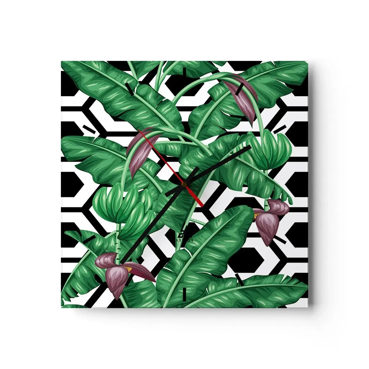 Reloj de pared - Reloj de vidrio - Hojas tropicales sobre un fondo geométrico. - 30x30cm - Composición simétrica de la naturaleza - Decoración de pared moderna para salón y dormitorio ARTTOR