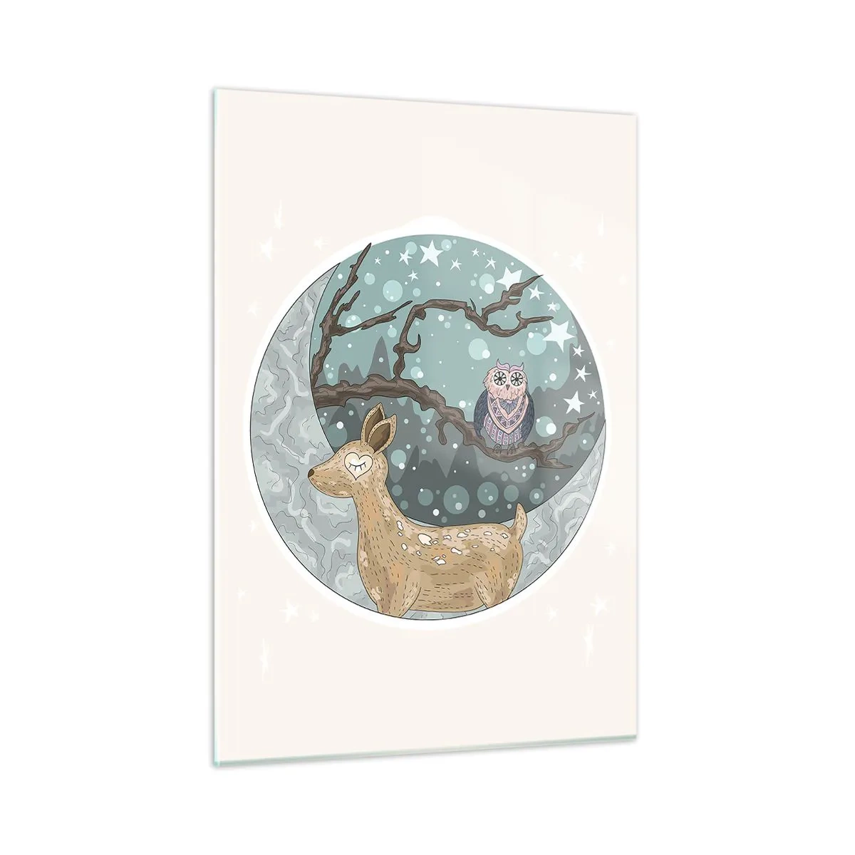 Cuadro sobre vidrio - Impresiones sobre Vidrio - Ilustración de un ciervo y un búho en un entorno mágico. - 50x70cm - Noche de bosque de cuento de hadas - Decoración de pared moderna para salón y dormitorio ARTTOR