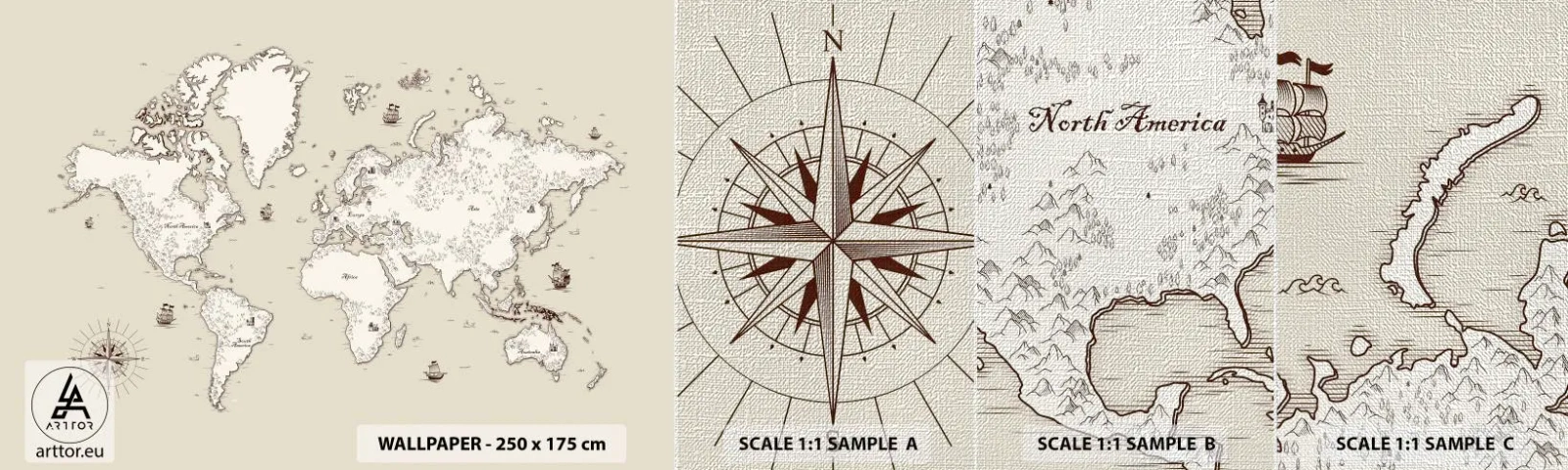 Muestra de fotomural Premium Canvas - Un viaje alrededor del mundo - Mapa del mundo, Continentes, Barco pirata - 100x30 cm