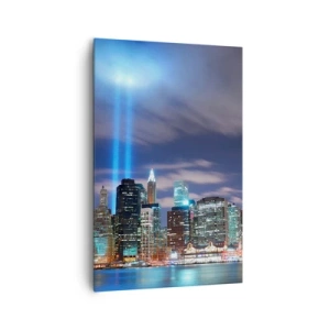 Cuadro sobre lienzo - Impresión de Imagen - Panorama nocturno de la ciudad con dos rayos de luz brillantes en el cielo - 80x120cm - Con luz para alcanzar el cielo - Decoración de pared moderna para salón y dormitorio ARTTOR