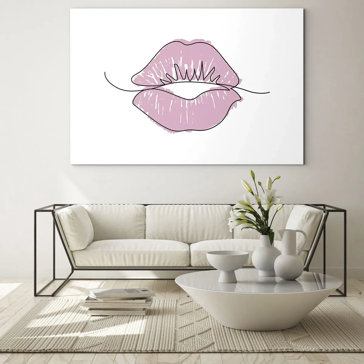 Cuadro sobre vidrio - Impresiones sobre Vidrio - Imagen abstracta de labios en tonos rosa y negro. - 100x70cm - ¿Listo para un beso? - Decoración de pared moderna para salón y dormitorio ARTTOR