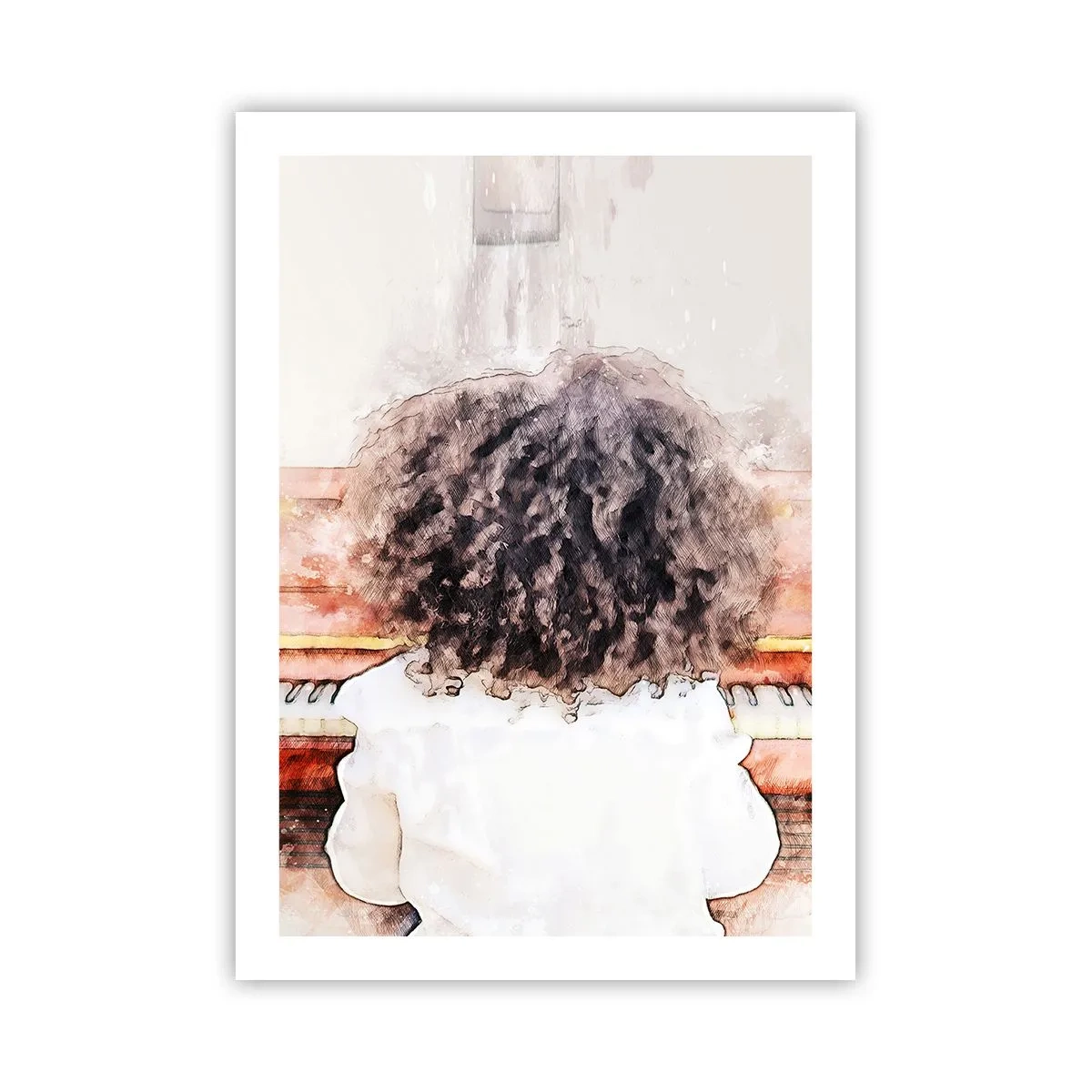Póster - Un niño con rizos exuberantes tocando el piano en estilo acuarela. - 50x70cm - Descubriendo un mundo nuevo - Decoración de pared moderna para salón y dormitorio ARTTOR
