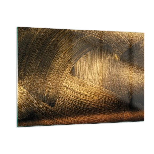 Cuadro sobre vidrio - Impresiones sobre Vidrio - Una pintura abstracta que representa líneas geométricas doradas sobre un fondo. - 120x80cm - En un laberinto de oro - Decoración de pared moderna para salón y dormitorio ARTTOR