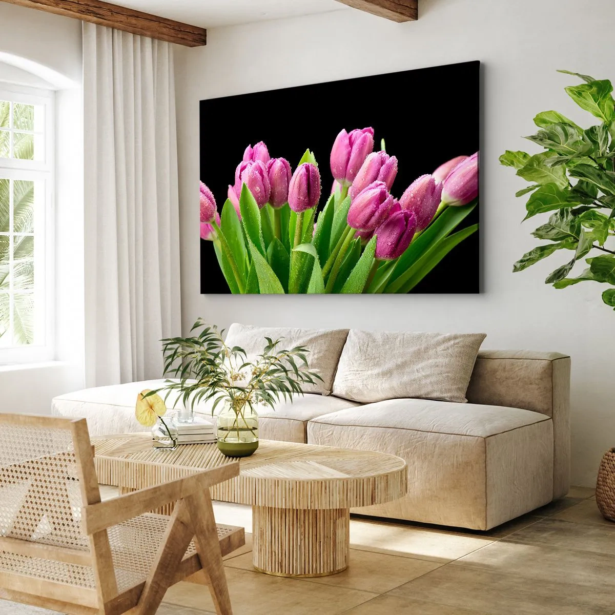 Cuadro sobre lienzo - Impresión de Imagen - Tulipanes rosados con gotas de rocío sobre un fondo negro - 100x70cm - La alegría de la primavera - Decoración de pared moderna para salón y dormitorio ARTTOR