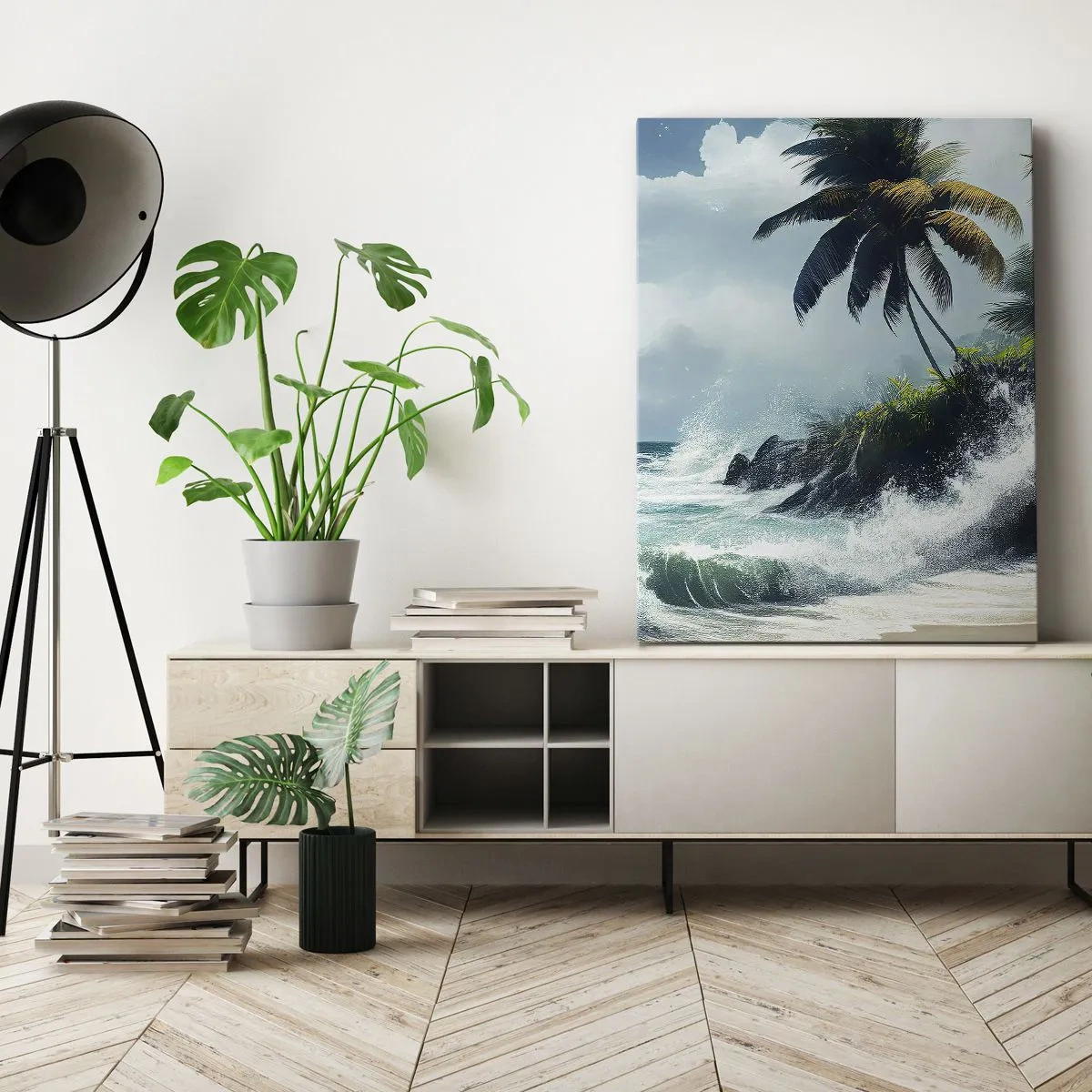 Cuadro sobre lienzo - Impresión de Imagen - Costa tropical con palmeras y mar agitado. - 50x70cm - En una costa tropical - Decoración de pared moderna para salón y dormitorio ARTTOR