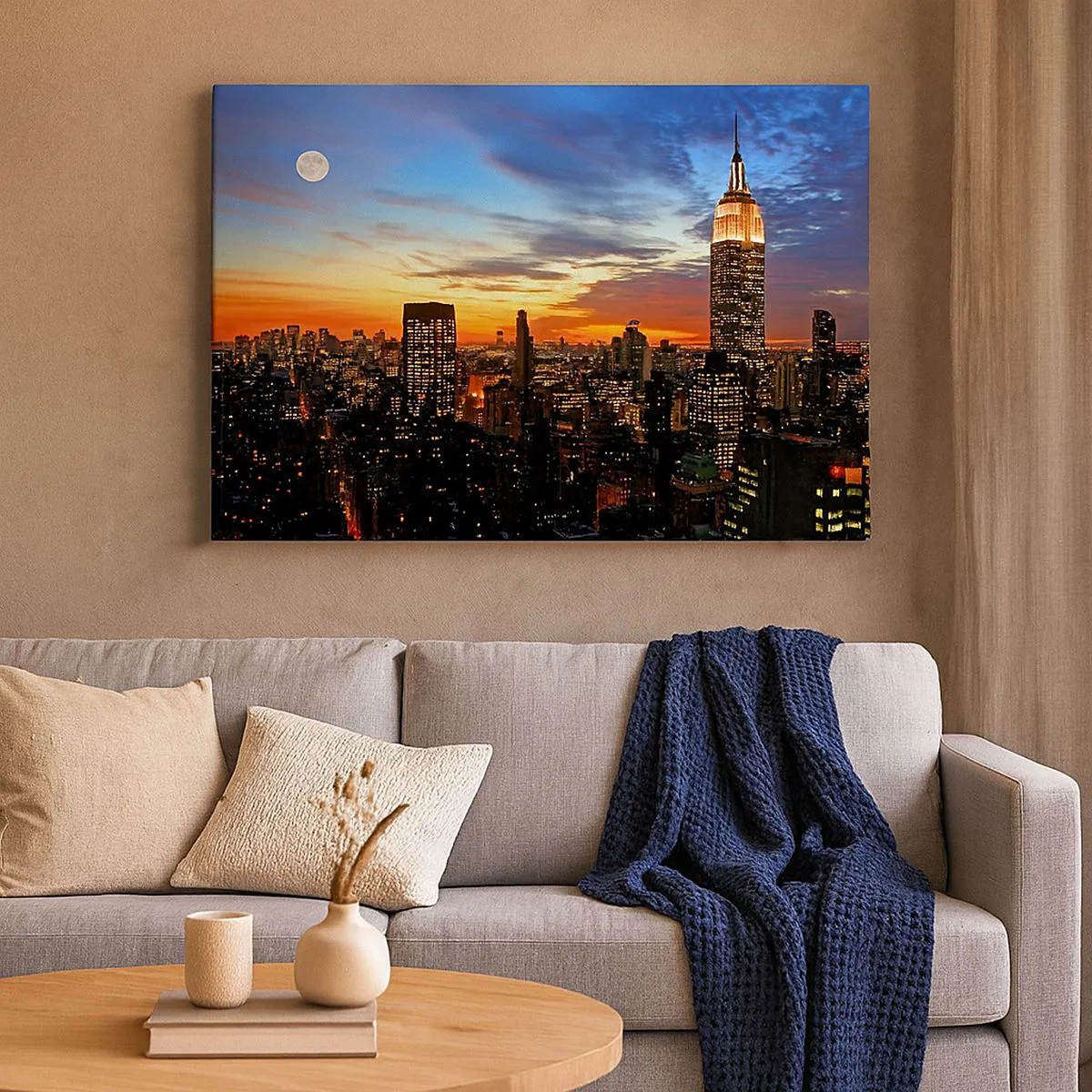 Cuadro sobre lienzo - Impresión de Imagen - Panorama de la ciudad con rascacielos iluminados al atardecer - 70x50cm - Una luminosa noche americana - Decoración de pared moderna para salón y dormitorio ARTTOR