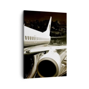Cuadro sobre lienzo - Impresión de Imagen - Un avión sobre una ciudad nocturna con carreteras iluminadas. - 50x70cm - Vuela hacia la noche - Decoración de pared moderna para salón y dormitorio ARTTOR