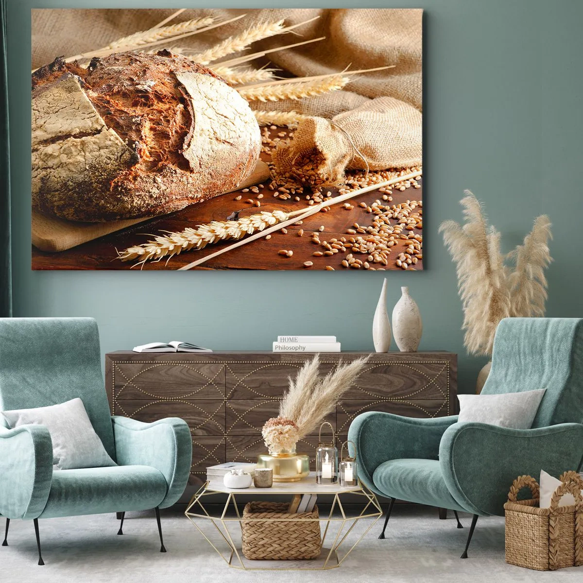 Cuadro sobre lienzo - Impresión de Imagen - Pan crujiente con cereales y espigas de trigo sobre un fondo de madera - 70x50cm - Apetitoso, fragante, crujiente - Decoración de pared moderna para salón y dormitorio ARTTOR