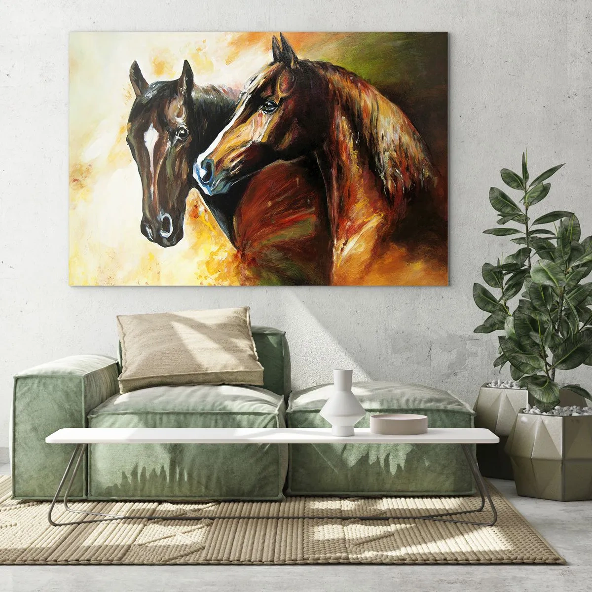 Cuadro sobre vidrio - Impresiones sobre Vidrio - Dos caballos en una composición artística y dinámica. - 100x70cm - El doble de encanto - Decoración de pared moderna para salón y dormitorio ARTTOR