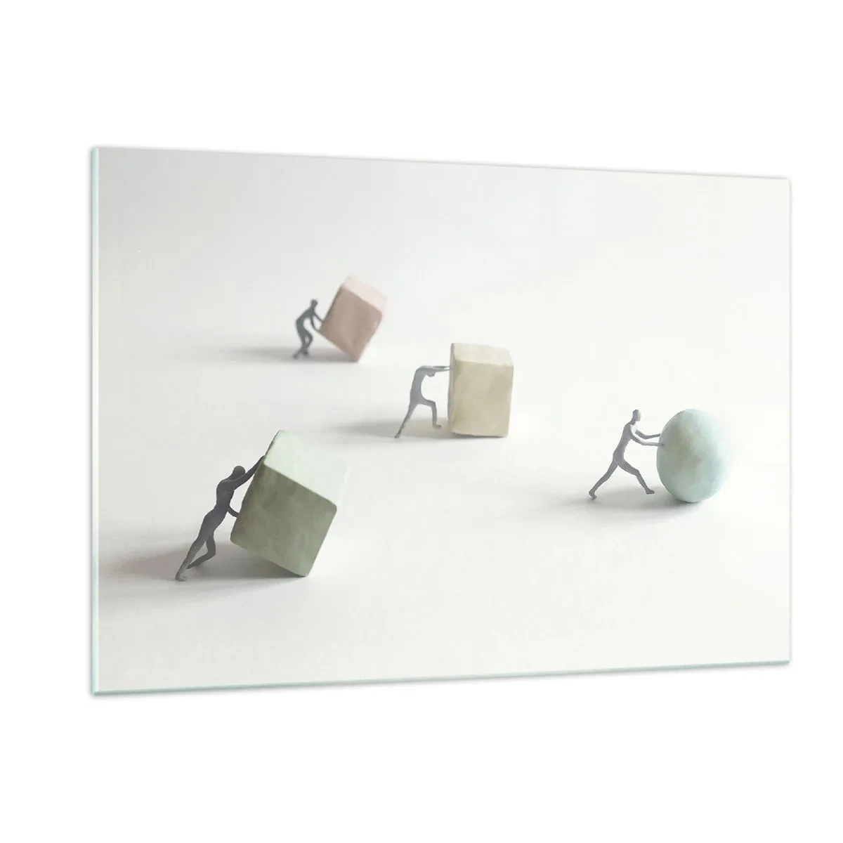 Cuadro sobre vidrio - Impresiones sobre Vidrio - Las figuras en miniatura ruedan y empujan formas geométricas. - 120x80cm - El avance de la geometría - Decoración de pared moderna para salón y dormitorio ARTTOR