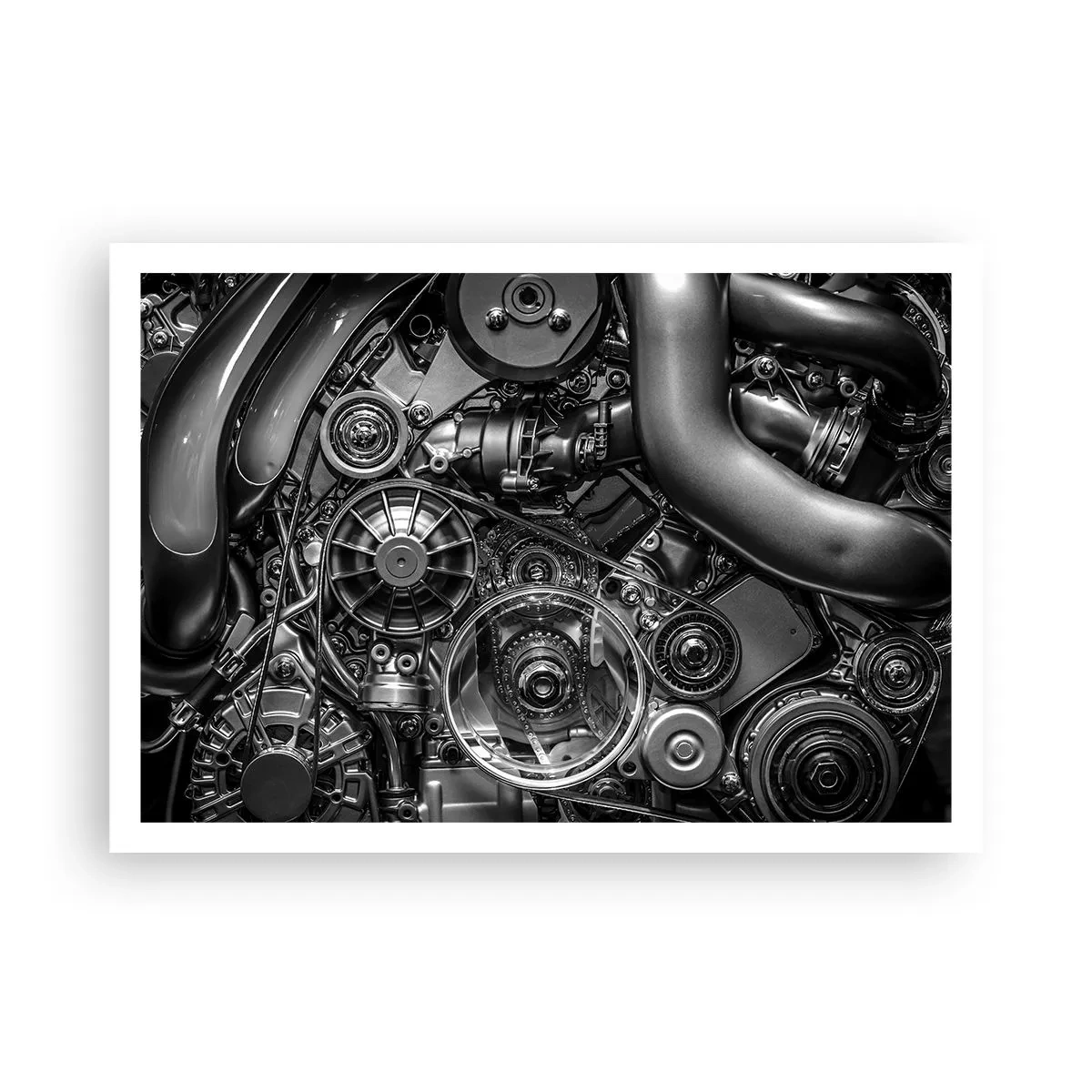 Póster - Primer plano en blanco y negro de los detalles mecánicos de un motor de automóvil. - 100x70cm - La poesía de la mecánica - Decoración de pared moderna para salón y dormitorio ARTTOR
