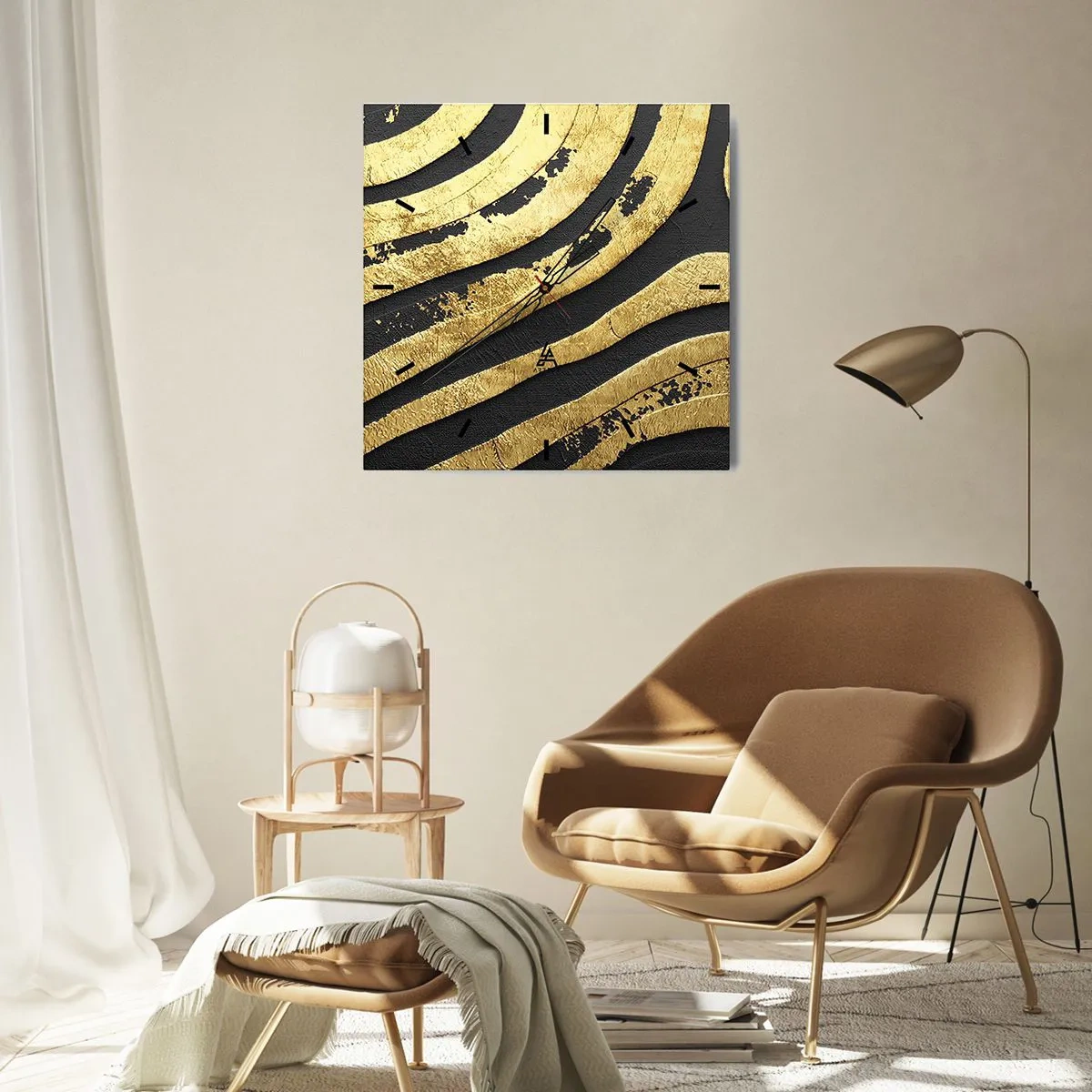Reloj de pared - Reloj de vidrio - Ondas abstractas doradas sobre un fondo negro - 30x30cm - Todo fluye - Decoración de pared moderna para salón y dormitorio ARTTOR