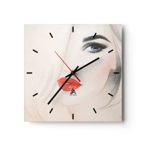 Reloj de pared - Reloj de vidrio - Un retrato minimalista de una mujer con ojos azules y labios rojos. - 30x30cm - Hipnotiza y embriaga - Decoración de pared moderna para salón y dormitorio ARTTOR