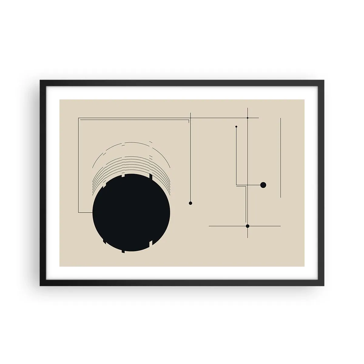 Póster en marco negro - Líneas geométricas negras y un círculo sobre un fondo beige. - 70x50cm - Composición elástica y dinámica - Decoración de pared moderna para salón y dormitorio ARTTOR