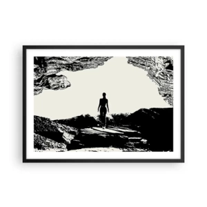 Póster en marco negro - Silueta en blanco y negro de una mujer en una cueva contra el cielo - 70x50cm - Una nueva mirada - Decoración de pared moderna para salón y dormitorio ARTTOR