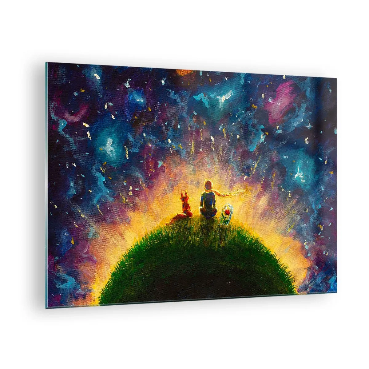 Cuadro sobre vidrio - Impresiones sobre Vidrio - Una figura con un zorro en un planeta bajo un cielo estrellado. - 70x50cm - Amor y amistad - lo único entero - Decoración de pared moderna para salón y dormitorio ARTTOR