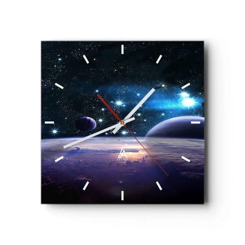 Reloj de pared - Reloj de vidrio - Una vista del espacio exterior con planetas y estrellas. - 30x30cm - ¿Sigues solo? - Decoración de pared moderna para salón y dormitorio ARTTOR