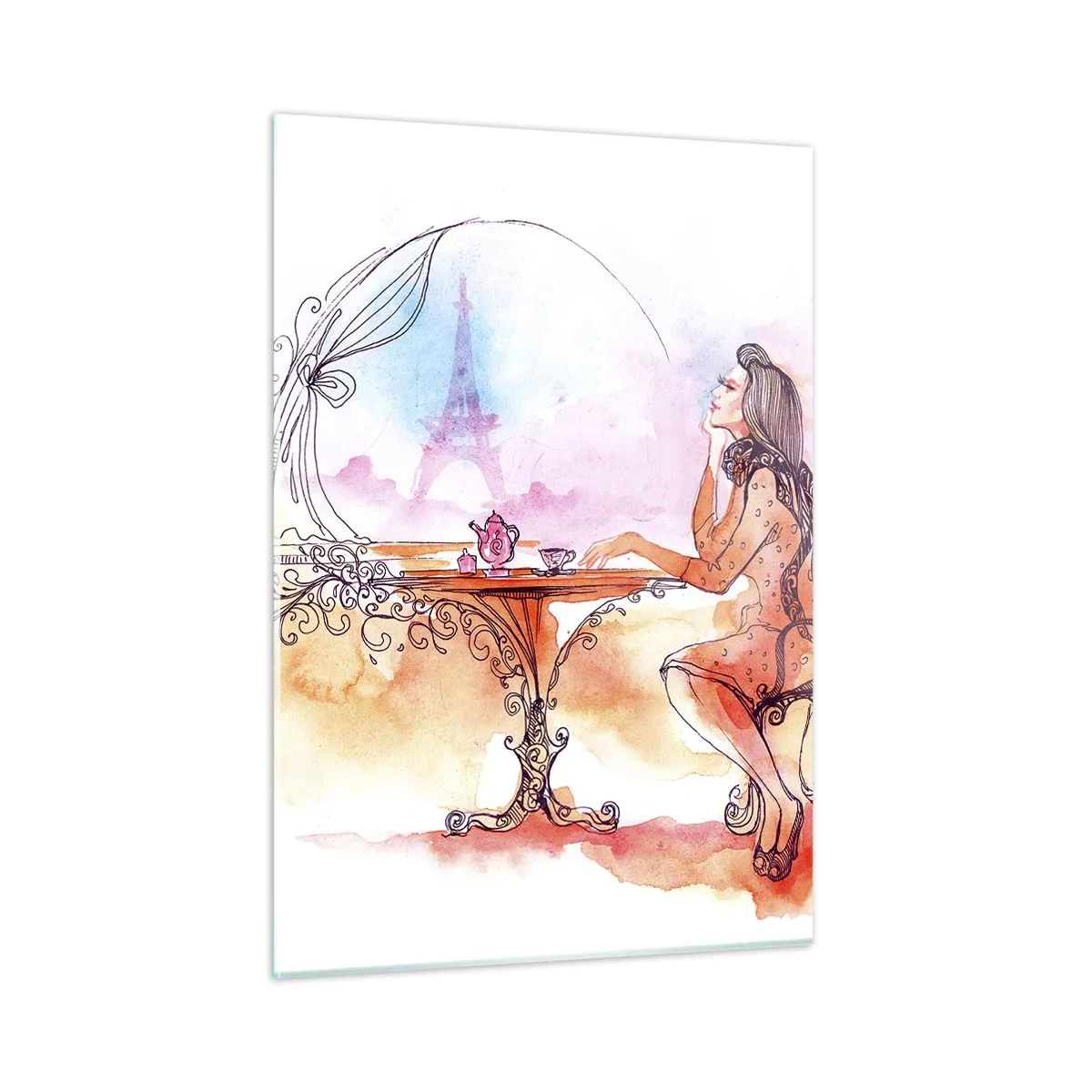 Cuadro sobre vidrio - Impresiones sobre Vidrio - Una mujer en una mesa con vistas a la Torre Eiffel en tonos pastel. - 50x70cm - Estilo parisino - Decoración de pared moderna para salón y dormitorio ARTTOR