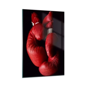Cuadro sobre vidrio - Impresiones sobre Vidrio - Guantes de boxeo rojos sobre fondo negro - 80x120cm - La emoción del combate quedó atrás - Decoración de pared moderna para salón y dormitorio ARTTOR