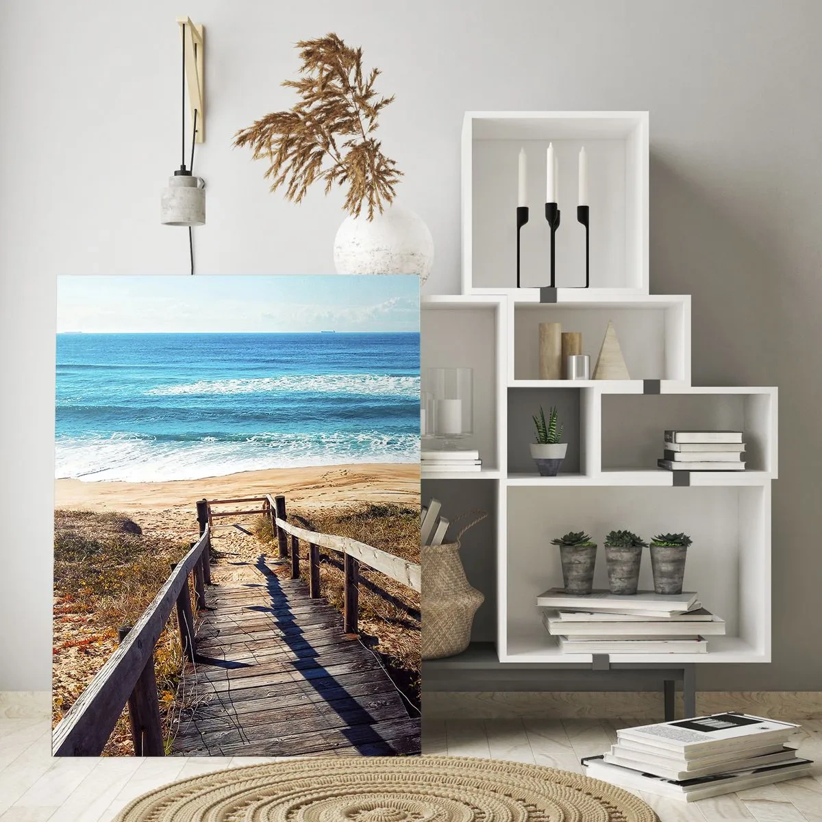 Cuadro sobre vidrio - Impresiones sobre Vidrio - Camino de madera que conduce a la playa con vistas al mar. - 50x70cm - ¡Corre! - Decoración de pared moderna para salón y dormitorio ARTTOR