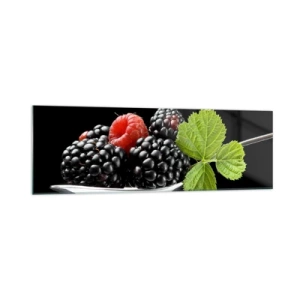 Cuadro sobre vidrio - Impresiones sobre Vidrio - Moras y frambuesas en una cuchara con una hoja sobre un fondo negro. - 160x50cm - El sabor de la frescura - Decoración de pared moderna para salón y dormitorio ARTTOR