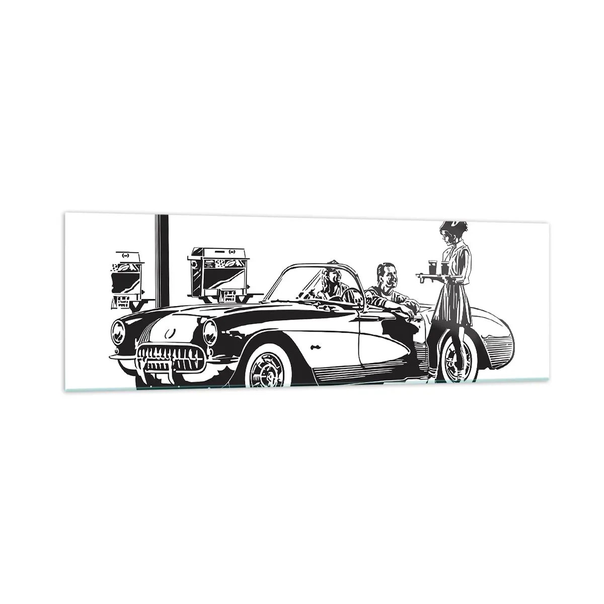 Cuadro sobre vidrio - Impresiones sobre Vidrio - Una escena retro en blanco y negro con un coche y una camarera en patines. - 160x50cm - Años 60 - la América despreocupada - Decoración de pared moderna para salón y dormitorio ARTTOR