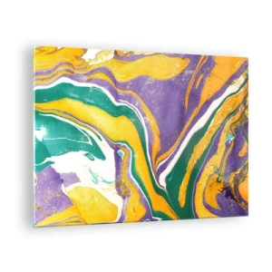 Cuadro sobre vidrio - Impresiones sobre Vidrio - Patrón de ondas abstracto en amarillo, morado y verde. - 70x50cm - Olas de color - Decoración de pared moderna para salón y dormitorio ARTTOR