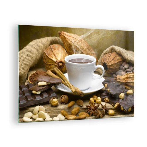Cuadro sobre vidrio - Impresiones sobre Vidrio - Una taza de chocolate caliente rodeada de chocolate y especias. - 70x50cm - Para los que buscan emociones - Decoración de pared moderna para salón y dormitorio ARTTOR