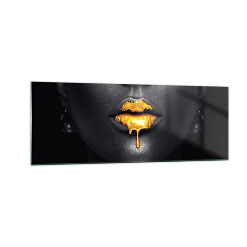 Cuadro sobre vidrio - Impresiones sobre Vidrio - Retrato en negro y dorado de una mujer con una gota de oro en los labios. - 140x50cm - Labios de oro - Decoración de pared moderna para salón y dormitorio ARTTOR