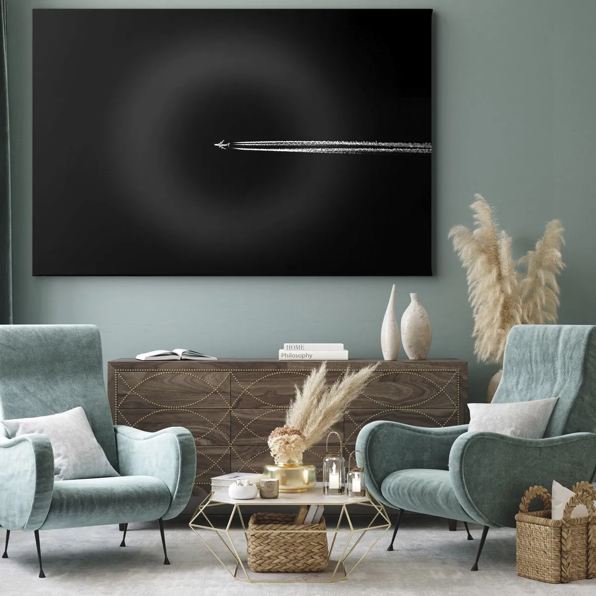 Cuadro sobre lienzo - Impresión de Imagen - Un avión a reacción con una estela de condensación visible sobre un fondo negro. - 70x50cm - En otra dimensión - Decoración de pared moderna para salón y dormitorio ARTTOR