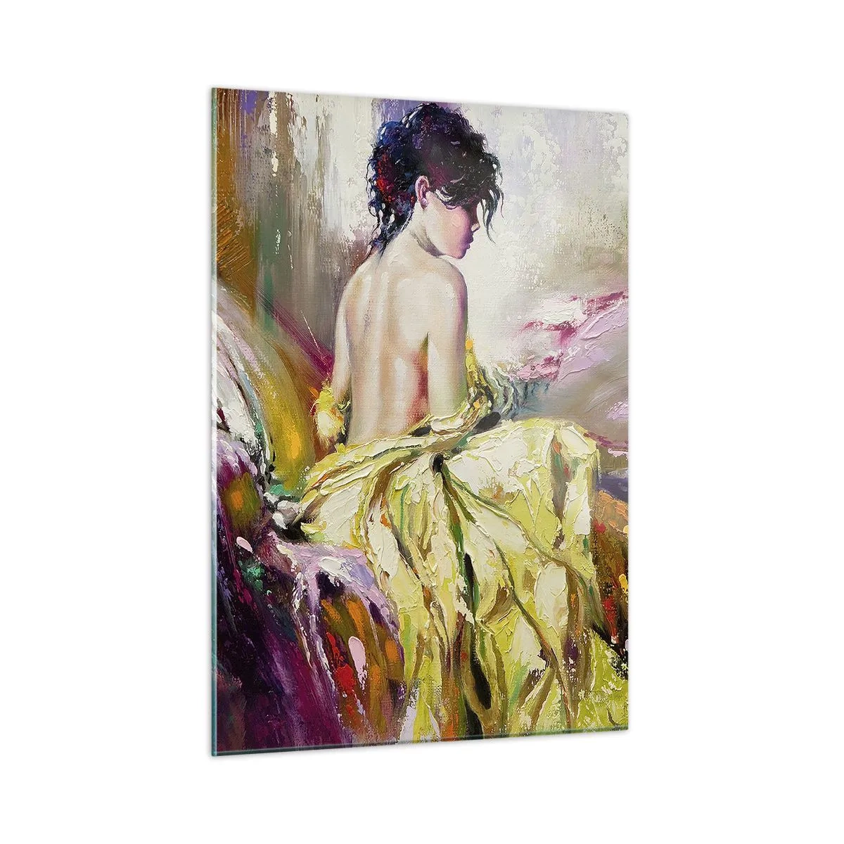 Cuadro sobre vidrio - Impresiones sobre Vidrio - Una mujer con un vestido amarillo sentada en una cama en estilo impresionista. - 50x70cm - La hermosura y frescura de la flor - Decoración de pared moderna para salón y dormitorio ARTTOR