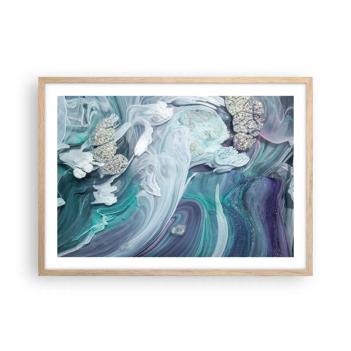 Póster en marco roble claro - Corrientes de azul - 70x50 cm