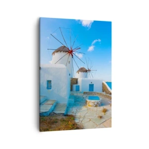 Cuadro sobre lienzo - Impresión de Imagen - Molinos de viento blancos en las orillas del mar azul - 50x70cm - Viento azul marino - Decoración de pared moderna para salón y dormitorio ARTTOR