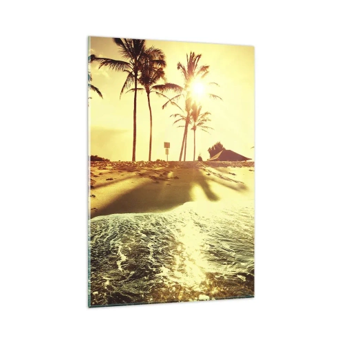 Cuadro sobre vidrio - Impresiones sobre Vidrio - Una playa con palmeras iluminada por un cálido atardecer. - 80x120cm - Una tarde californiana - Decoración de pared moderna para salón y dormitorio ARTTOR