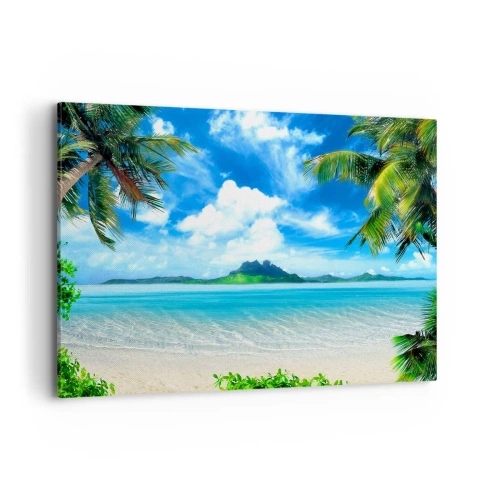 Cuadro sobre lienzo - Impresión de Imagen - Playa tropical con palmeras y vista a la isla. - 100x70cm - El azul de los trópicos - Decoración de pared moderna para salón y dormitorio ARTTOR