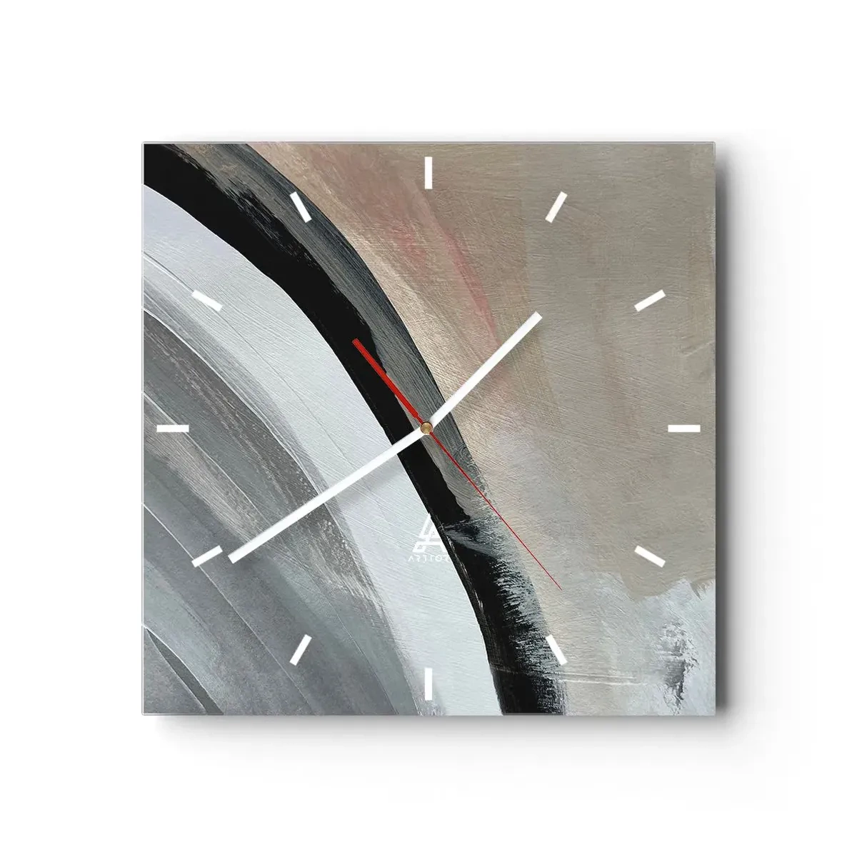 Reloj de pared - Reloj de vidrio - Arco abstracto en tonos negro, gris y beige. - 30x30cm - Composición: un arco negro y gris - Decoración de pared moderna para salón y dormitorio ARTTOR