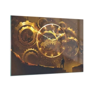 Cuadro sobre vidrio - Impresiones sobre Vidrio - Engranajes steampunk dorados con retroiluminación sobre una silueta humana - 100x70cm - En la fuente del tiempo - Decoración de pared moderna para salón y dormitorio ARTTOR