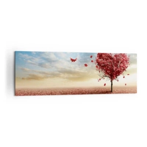 Cuadro sobre lienzo - Impresión de Imagen - Un árbol solitario en forma de corazón en un campo de hojas rojas. - 160x50cm - Amor de otoño - Decoración de pared moderna para salón y dormitorio ARTTOR